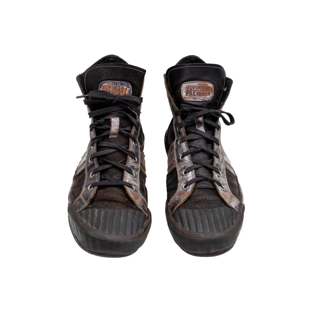 Premiata Men's High Top Leather Sneakers Black Silver Distressed Italy Size US 9